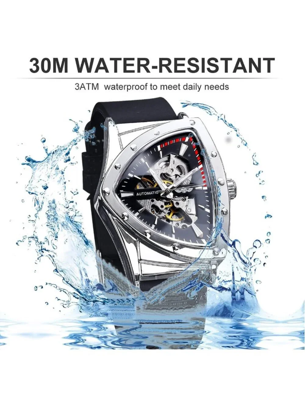 Men's Skeleton Automatic Watch, Luminous Triangle Dial, Stainless Steel or